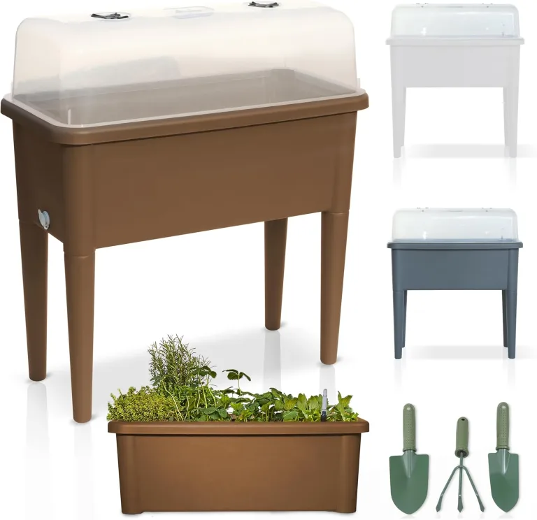 Hochbeet/Frühbeet – mit Abdeckhaube/Wasseranzeige – aus robustem Kunststoff – ideal für Garten/Terrasse/Balkon – Kräuterhochbeet zur Anzucht – Pflanzkasten inkl. Gartenwerkzeug (Coffee)