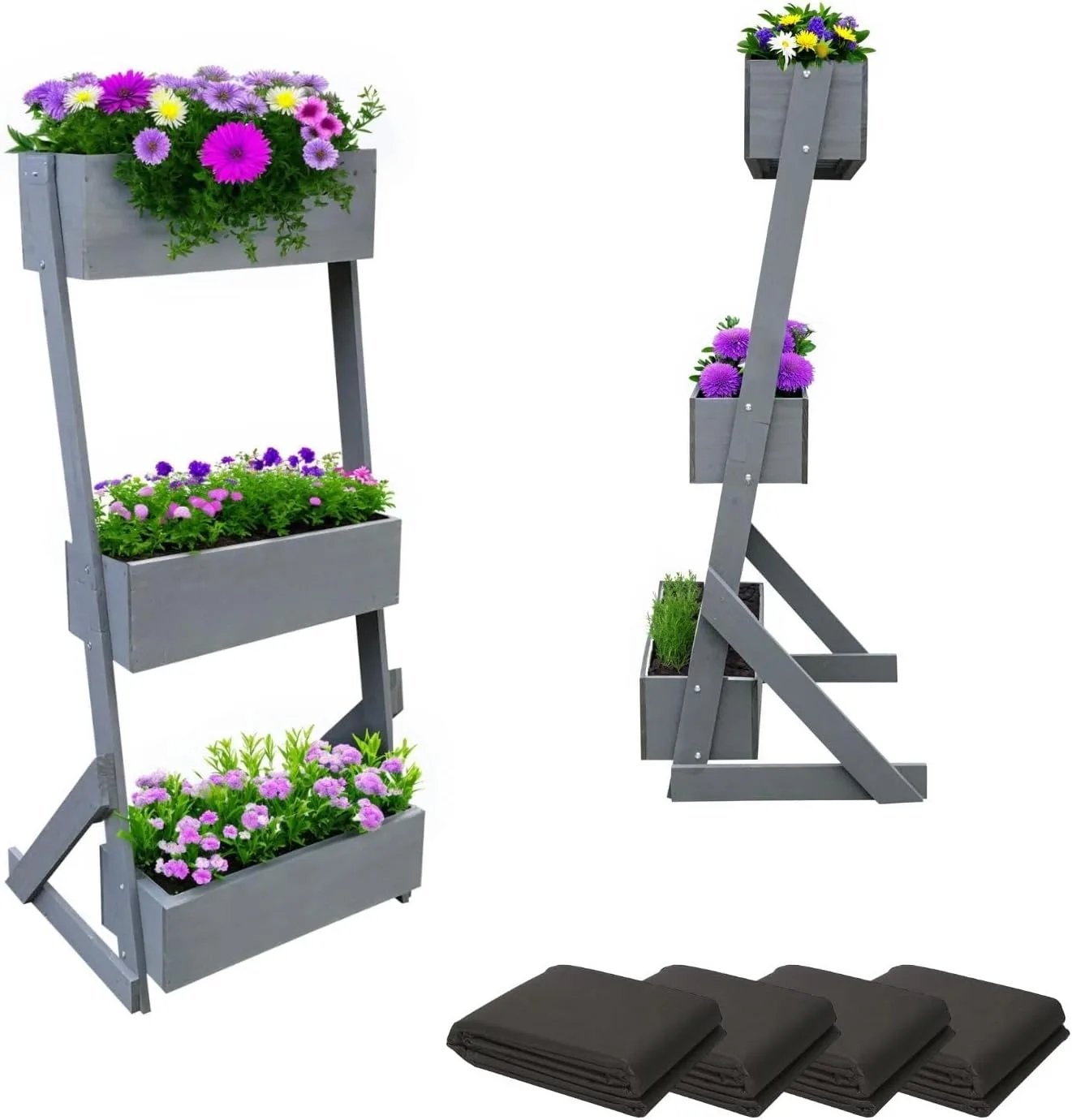 Vertikalbeet Petra Hochbeet Holz 3 Etagen Blumentreppe Kräuterbeet Frühbeet Pflanzkasten inkl. Gartenvlies - Stufenbeet 66 x 49 x 140 cm für Terrasse Balkon & Wintergarten - Bild 1