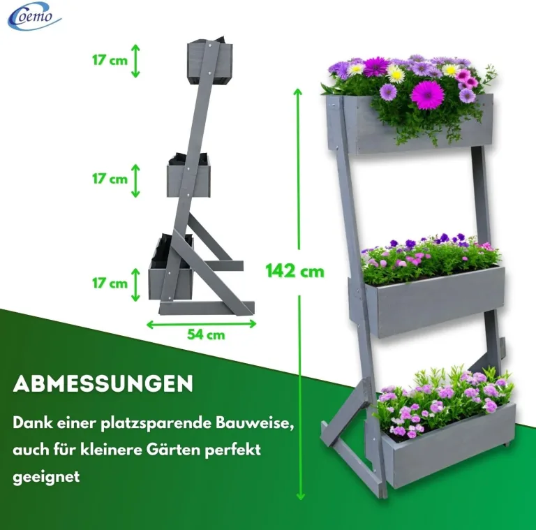 Vertikalbeet Petra Hochbeet Holz 3 Etagen Blumentreppe Kräuterbeet Frühbeet Pflanzkasten inkl. Gartenvlies - Stufenbeet 66 x 49 x 140 cm für Terrasse Balkon & Wintergarten – Bild 6