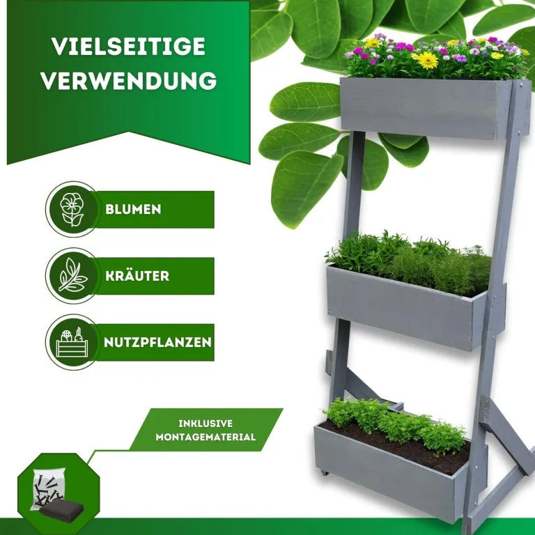 Vertikalbeet Petra Hochbeet Holz 3 Etagen Blumentreppe Kräuterbeet Frühbeet Pflanzkasten inkl. Gartenvlies - Stufenbeet 66 x 49 x 140 cm für Terrasse Balkon & Wintergarten – Bild 7