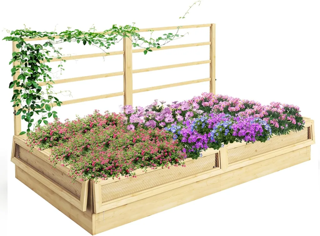 Outsunny Hochbeet mit Rankhilfe, Kräuterbeet, Pflanzkasten aus Holz, Blumenkasten für Garten, Balkon, Naturholz, 183 x 98,5 x 95 cm