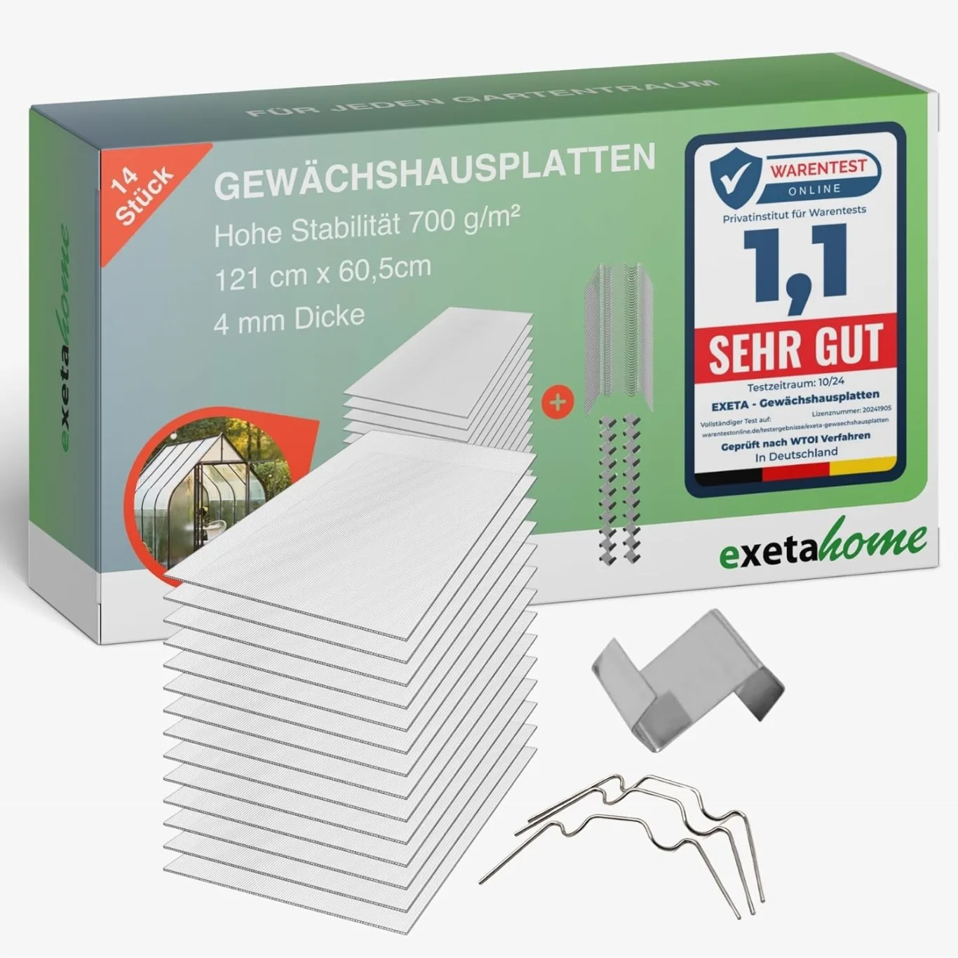 14x Gewächshausplatten 4 mm I Polycarbonat Hohlkammerplatten für Gewächshäuser I Set inkl. 50 W-Klammern & 50 Z-Clip I PC Doppelstegplatten bruchsicher I 60,5cm x 121cm I Transparent - Bild 1