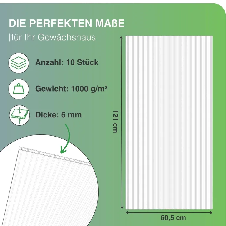 10x Gewächshausplatten 6 mm I Polycarbonat Hohlkammerplatten für Gewächshäuser I PC Doppelstegplatten UV-beständig & bruchsicher I für Garten, Frühbeet uvm I 60,5cm x 121cm I Transparent – Bild 2