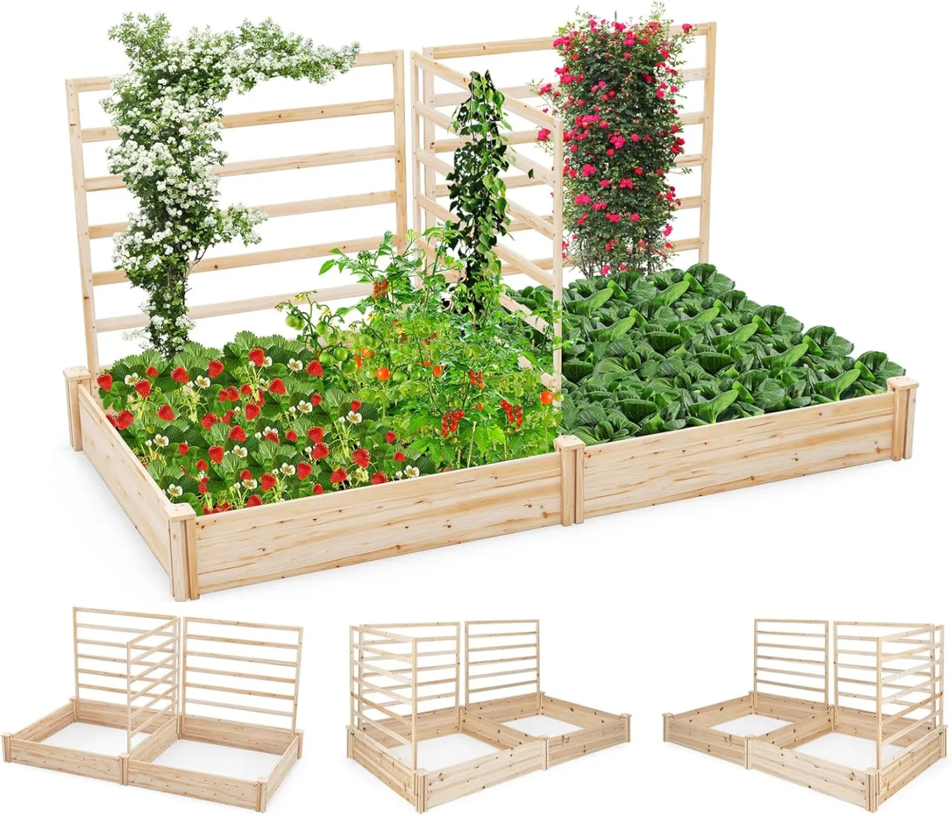 GOPLUS Blumenkasten mit Rankgitter, Hochbeet mit 3 Spalieren, Pflanzkasten mit Rankhilfe, Gartenbeet Gartenspalier aus Tannenholz, für Kletterpflanzen (222 x 114 x 110 cm) - Bild 1