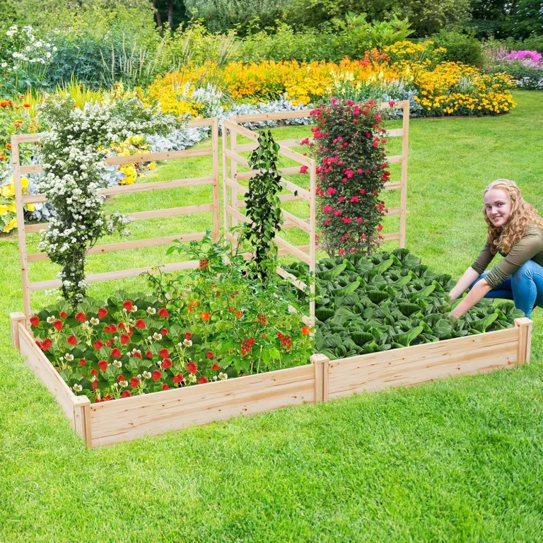 GOPLUS Blumenkasten mit Rankgitter, Hochbeet mit 3 Spalieren, Pflanzkasten mit Rankhilfe, Gartenbeet Gartenspalier aus Tannenholz, für Kletterpflanzen (222 x 114 x 110 cm) – Bild 8