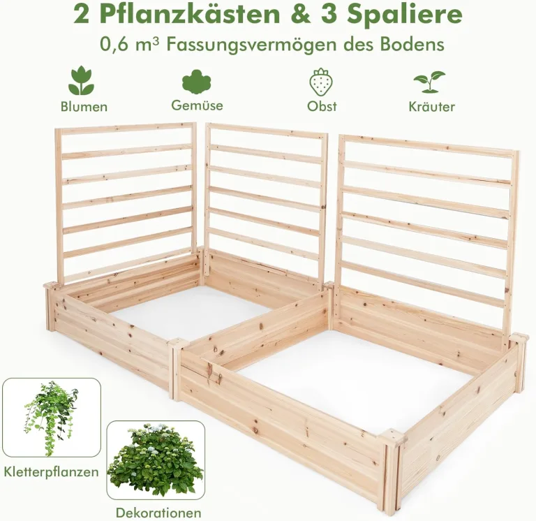 GOPLUS Blumenkasten mit Rankgitter, Hochbeet mit 3 Spalieren, Pflanzkasten mit Rankhilfe, Gartenbeet Gartenspalier aus Tannenholz, für Kletterpflanzen (222 x 114 x 110 cm) – Bild 2