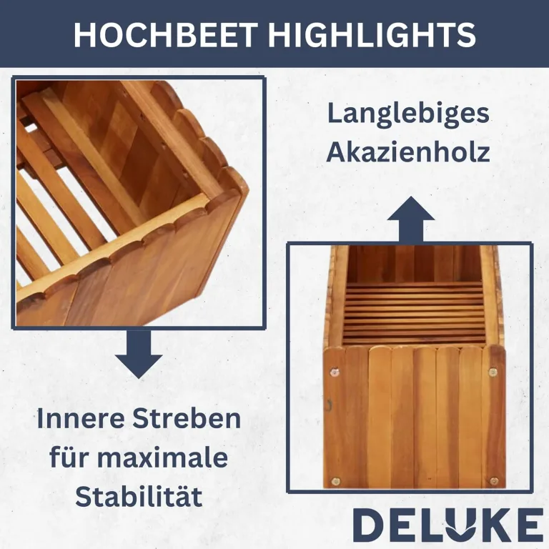 DELUKE Hochbeet aus Holz Jona | 200x30x25cm, Akazienholz | Hochbeet für Garten Hochbeet Holz Gartenbeet hoch Kräuterbeet XXL Blumenbeet Gemüsebeet groß Garten – Bild 5