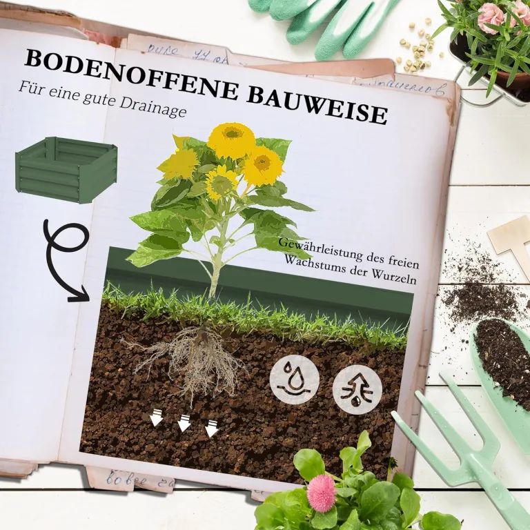 Outsunny Hochbeet mit Rankhilfe, Blumenkasten mit Offenem Boden, Gemüsebeet, Pflanzkasten, Kräuterbeet für Garten, Balkon, Verzinkter Stahl, Grün, 61 x 61 x 140 cm – Bild 4