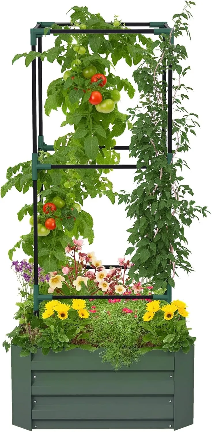 Outsunny Hochbeet mit Rankhilfe, Blumenkasten mit Offenem Boden, Gemüsebeet, Pflanzkasten, Kräuterbeet für Garten, Balkon, Verzinkter Stahl, Grün, 61 x 61 x 140 cm – Bild 1