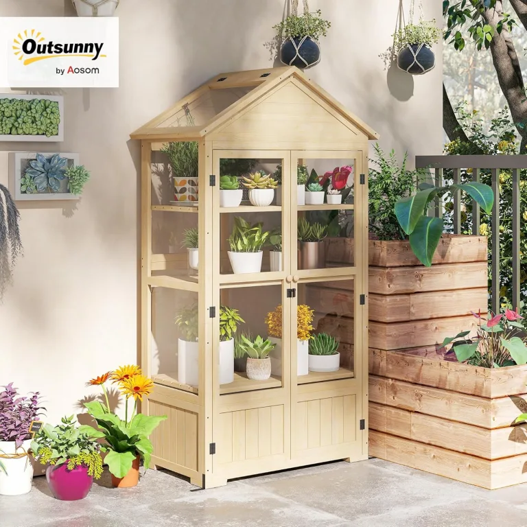 Outsunny Frühbeet aus Holz Abschließbar Gewächshaus Treibhaus mit 4 Ebenen, Dachfenster, Frühbeetkasten mit Doppeltür, für Garten, Balkon, Natur, 100 x 56,5 x 178 cm – Bild 2