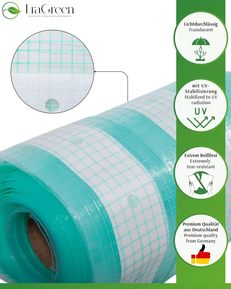 EraGreen Gitterfolie 1,5m x 5m - 280g/m² reißfeste Gewächshaus Folie mit Nagelrand, hoch UV-Stabil Gartenfolie für Tomatenhaus und Frühbeet, Gewebefolie – Bild 2