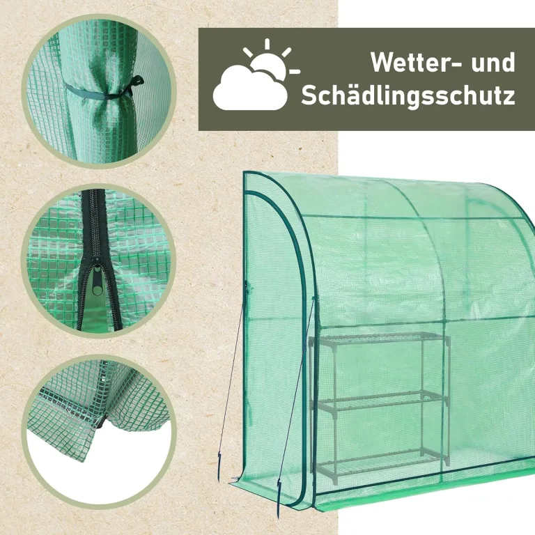 NATIV Anlehngewächshaus 200x215x100 cm, begehbares Foliengewächshaus, Treibhaus inklusive Pflanzregal, Tomatenhaus mit 2 Rolltüren, Gewächshaus aus robuster grüner Gewächshausfolie – Bild 5