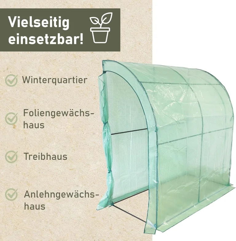 NATIV Anlehngewächshaus 200x215x100 cm, begehbares Foliengewächshaus, Treibhaus inklusive Pflanzregal, Tomatenhaus mit 2 Rolltüren, Gewächshaus aus robuster grüner Gewächshausfolie – Bild 4