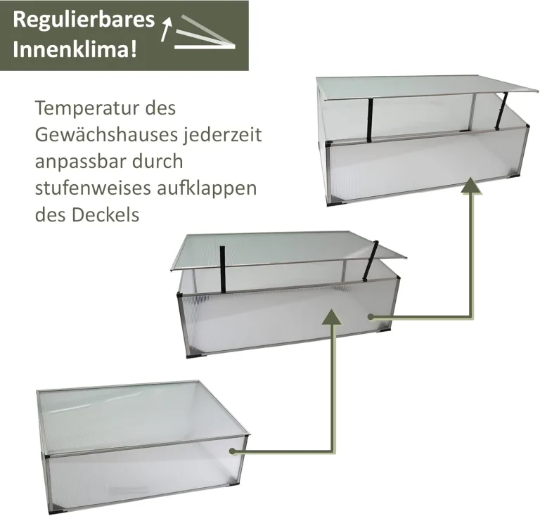 NATIV Frühbeet aus 1 mm dicken Aluminium, Hochbeet Abdeckung mit arretierbarem Dach, Frühbeetkasten mit Polycarbonatplatten, Frühbeetaufsatz für Hochbeet 100 x 60 cm, Mini Gewächshaus – Bild 3