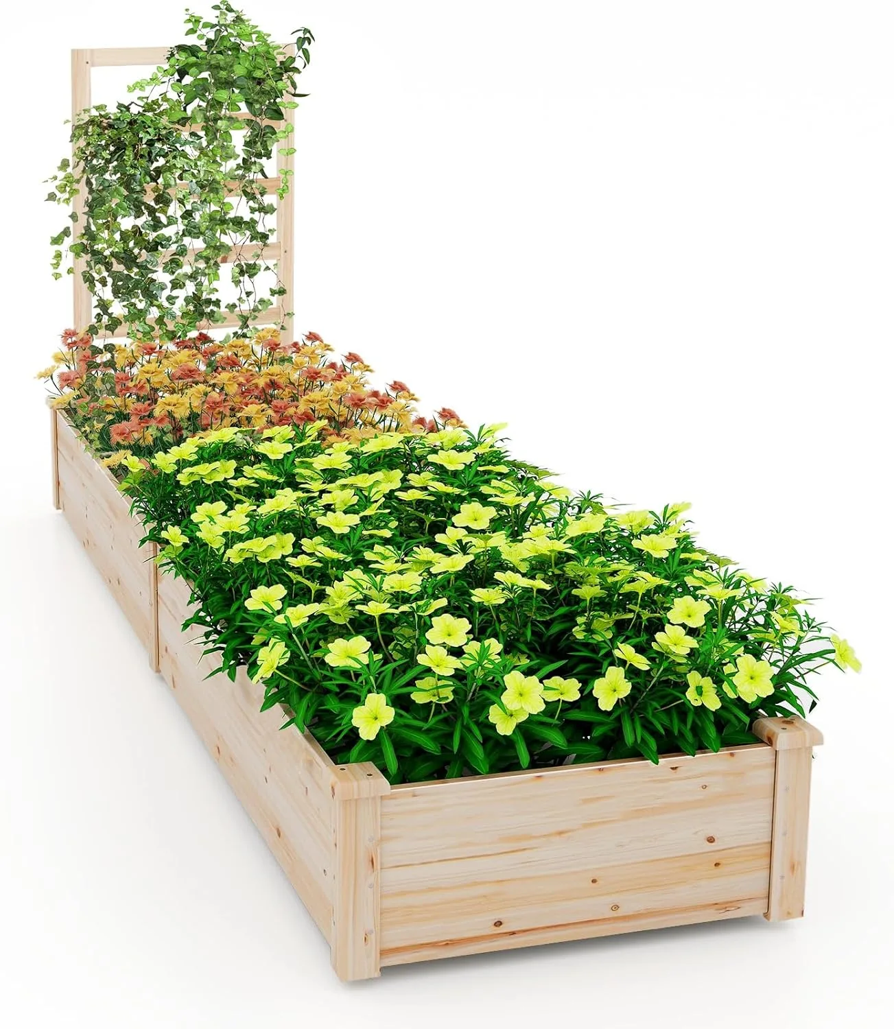 HOMASIS Blumenkasten mit Rankgitter, Hochbeet mit Spalier, Pflanzenkasten Holz, Blumenbeet mit Rankhilfer, Gartenspalier für Kletterpflanzen, Rankkasten für Balkon Garten (Natur, 235x63x102cm) - Bild 1
