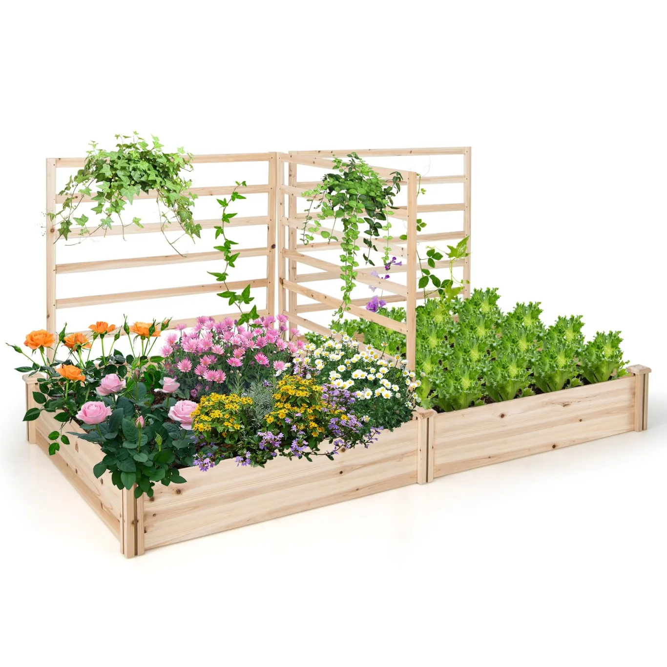 HOMASIS Blumenkasten mit Rankgitter, Hochbeet mit Spalier, Pflanzenkasten Holz, Blumenbeet mit Rankhilfer, Gartenspalier für Kletterpflanzen, Rankkasten für Balkon Garten (Natur, 222x114x110cm) - Bild 1
