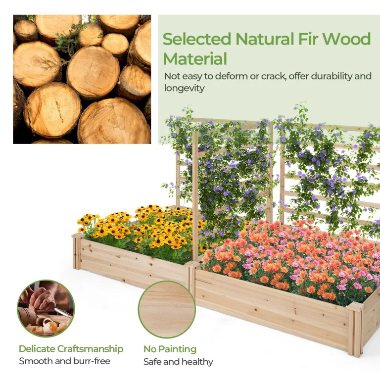 HOMASIS Blumenkasten mit Rankgitter, Hochbeet mit Spalier, Pflanzenkasten Holz, Blumenbeet mit Rankhilfer, Gartenspalier für Kletterpflanzen, Rankkasten für Balkon Garten (Natur, 222x114x110cm) – Bild 3