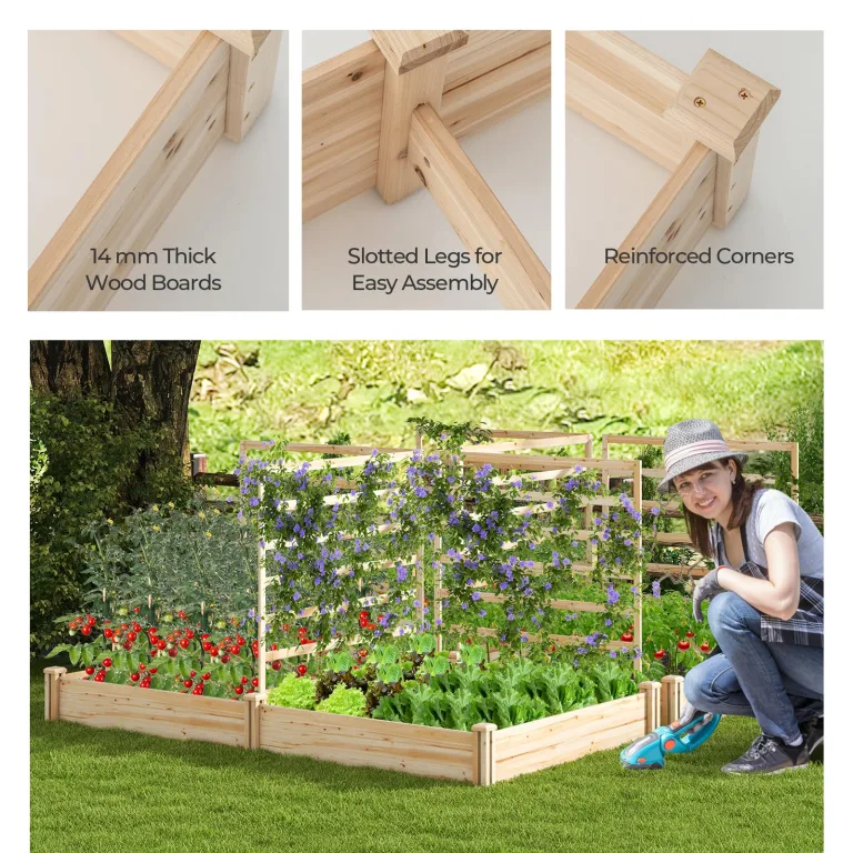 HOMASIS Blumenkasten mit Rankgitter, Hochbeet mit Spalier, Pflanzenkasten Holz, Blumenbeet mit Rankhilfer, Gartenspalier für Kletterpflanzen, Rankkasten für Balkon Garten (Natur, 222x114x110cm) – Bild 7
