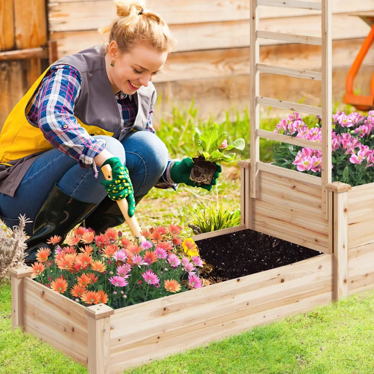 HOMASIS Blumenkasten mit Rankgitter, Hochbeet mit Spalier, Pflanzenkasten Holz, Blumenbeet mit Rankhilfer, Gartenspalier für Kletterpflanzen, Rankkasten für Balkon Garten (Natur, 223x64x134cm) – Bild 8