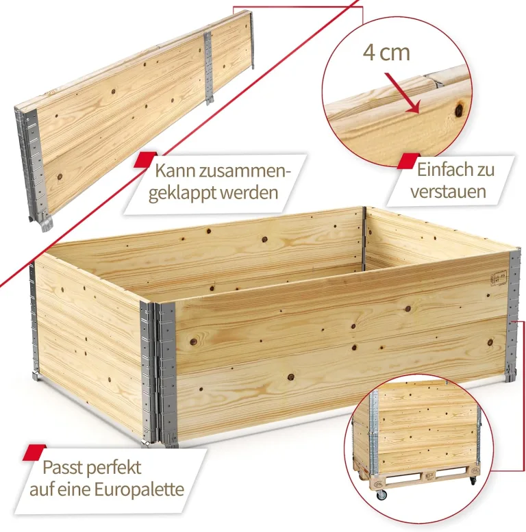 Schroth Home Hochbeet 120x80x40cm groß - rechteckig - Palettenrahmen aus Holz - Hochbeet für Garten - faltbar - steckbar & stapelbar - Aussenbereich (2X Hochbeetrahmen 120x80x40) – Bild 2