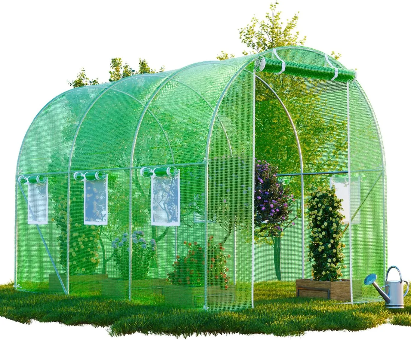 Folien-Gewächshaus Cicata Tomatengewächshaus Winterfest, Folientunnel für Aufzucht, 3x2x2 m groß, grün, 6 Fenster, Insektennetz, Rund, Mehrweg, Gitternetzfolie - Bild 1
