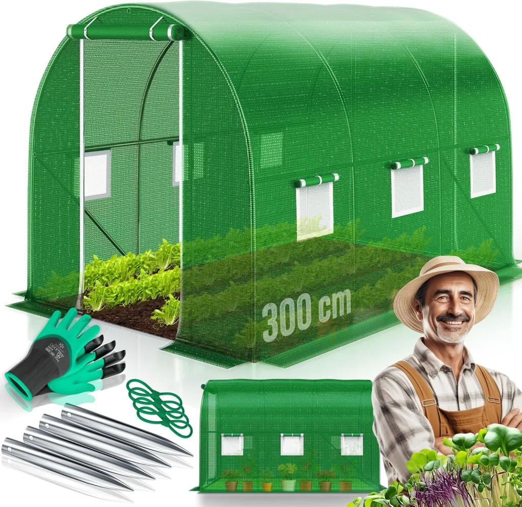 KESSER® Folien-Gewächshaus Stabil mit 6 Fenster mit Moskitonetz & Tür | Gartentunnel mit Rahmen aus verzinktem Stahl | Folientunnel 170g/m² inkl. Erdanker Handschuhen & Seilen | 200x300cm Grün