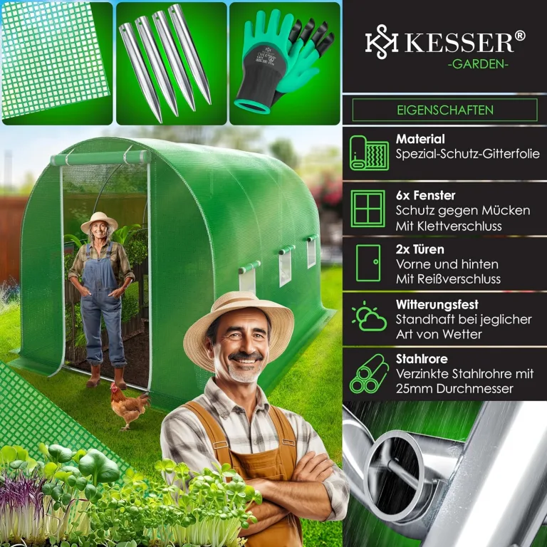 KESSER® Folien-Gewächshaus Stabil mit 6 Fenster mit Moskitonetz & Tür | Gartentunnel mit Rahmen aus verzinktem Stahl | Folientunnel 170g/m² inkl. Erdanker Handschuhen & Seilen | 200x300cm Grün – Bild 6