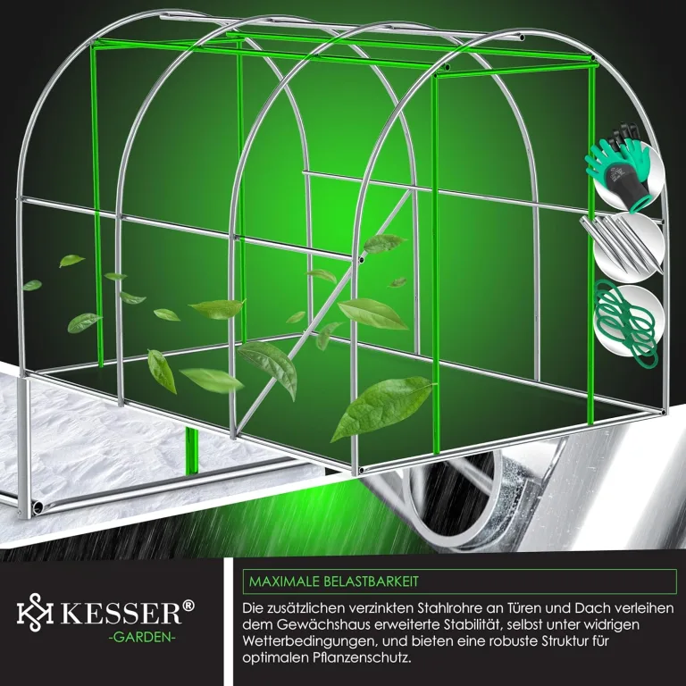 KESSER® Folien-Gewächshaus Stabil mit 6 Fenster mit Moskitonetz & Tür | Gartentunnel mit Rahmen aus verzinktem Stahl | Folientunnel 170g/m² inkl. Erdanker Handschuhen & Seilen | 200x300cm Grün – Bild 7