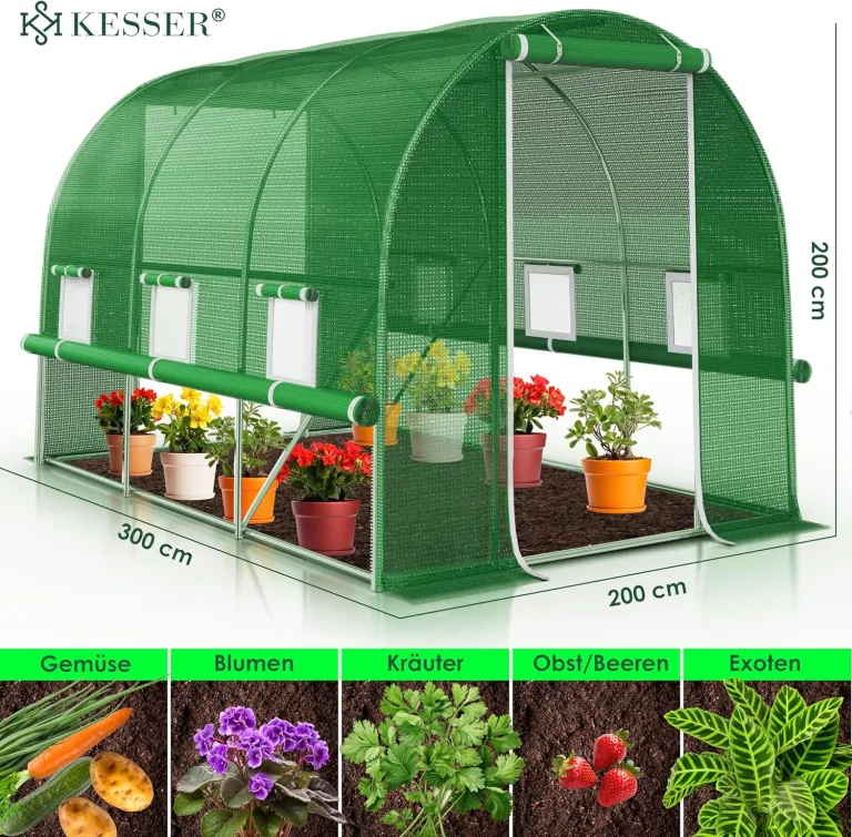 KESSER® Folien-Gewächshaus Stabil mit 6 Fenster mit Moskitonetz & Tür | Gartentunnel mit Rahmen aus verzinktem Stahl | Folientunnel 170g/m² inkl. Erdanker Handschuhen & Seilen | 200x300cm Grün – Bild 10