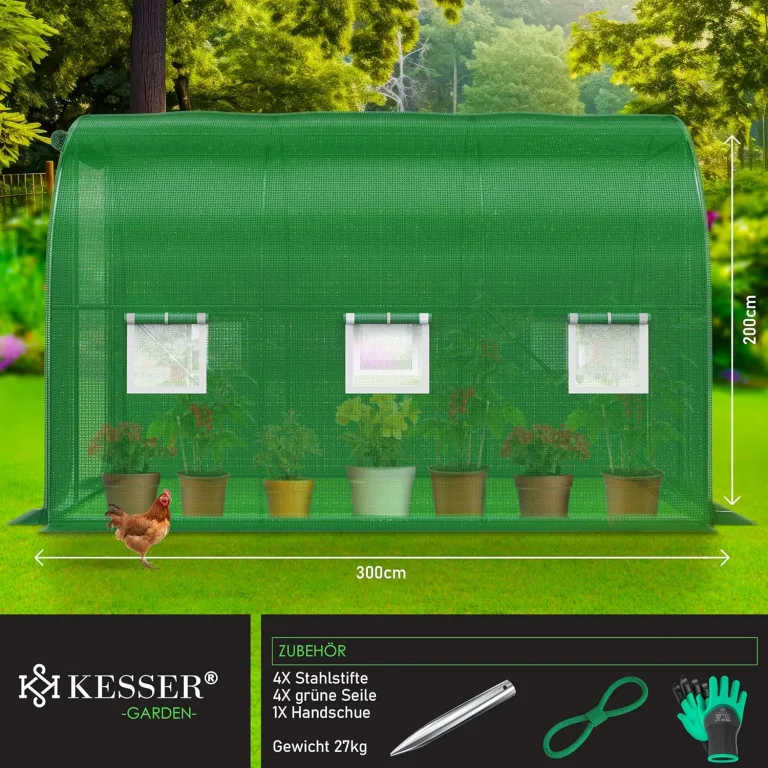KESSER® Folien-Gewächshaus Stabil mit 6 Fenster mit Moskitonetz & Tür | Gartentunnel mit Rahmen aus verzinktem Stahl | Folientunnel 170g/m² inkl. Erdanker Handschuhen & Seilen | 200x300cm Grün – Bild 4