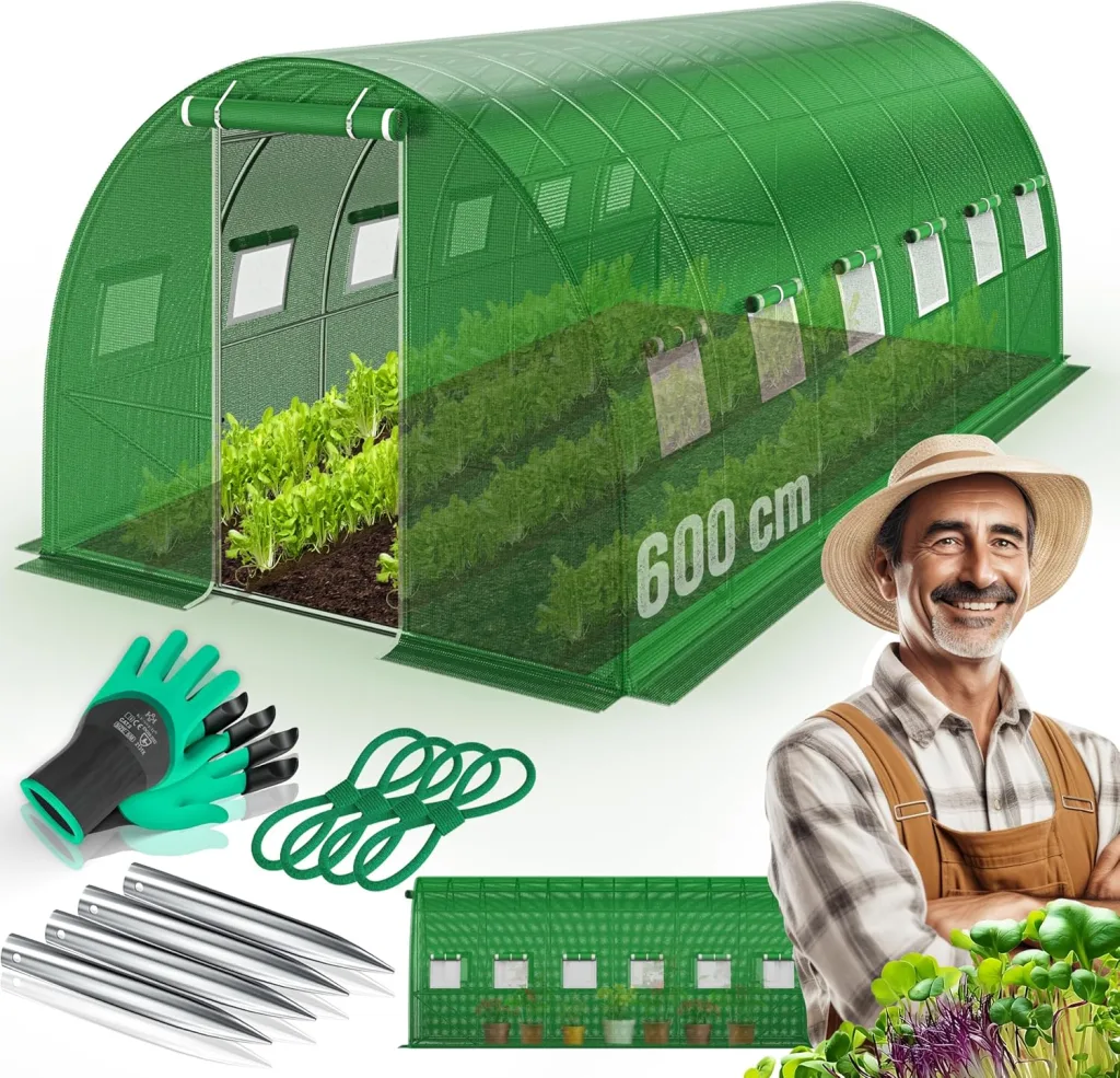 KESSER® Folien-Gewächshaus Stabil mit 12 Fenster mit Moskitonetz & Tür | Gartentunnel mit Rahmen aus verzinktem Stahl | Folientunnel 170g/m² inkl. Erdanker Handschuhen & Seilen | 600x300cm Grün