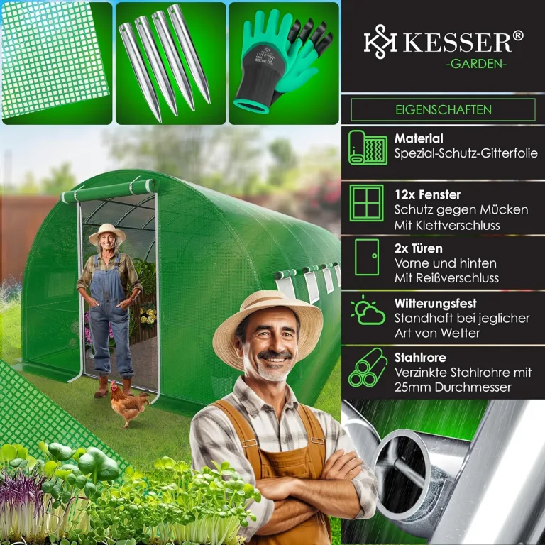 KESSER® Folien-Gewächshaus Stabil mit 12 Fenster mit Moskitonetz & Tür | Gartentunnel mit Rahmen aus verzinktem Stahl | Folientunnel 170g/m² inkl. Erdanker Handschuhen & Seilen | 600x300cm Grün – Bild 6