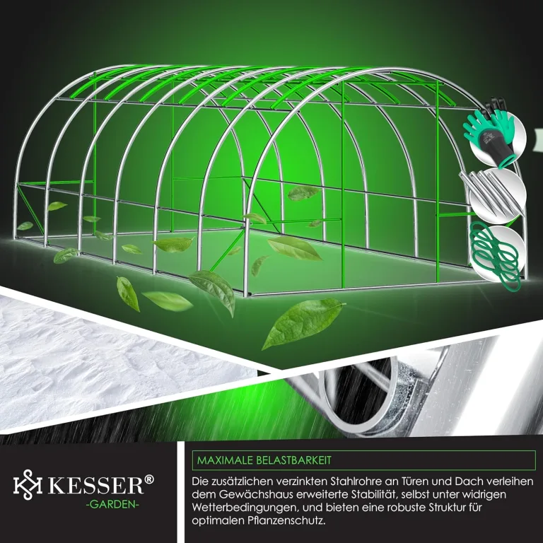 KESSER® Folien-Gewächshaus Stabil mit 12 Fenster mit Moskitonetz & Tür | Gartentunnel mit Rahmen aus verzinktem Stahl | Folientunnel 170g/m² inkl. Erdanker Handschuhen & Seilen | 600x300cm Grün – Bild 7