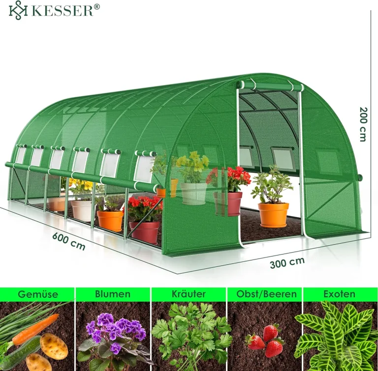 KESSER® Folien-Gewächshaus Stabil mit 12 Fenster mit Moskitonetz & Tür | Gartentunnel mit Rahmen aus verzinktem Stahl | Folientunnel 170g/m² inkl. Erdanker Handschuhen & Seilen | 600x300cm Grün – Bild 10