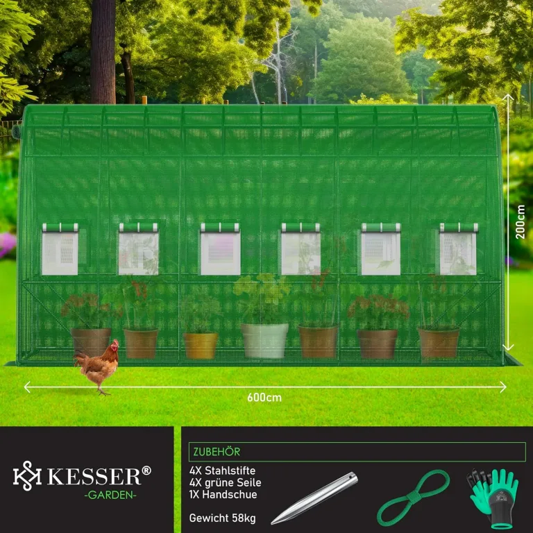 KESSER® Folien-Gewächshaus Stabil mit 12 Fenster mit Moskitonetz & Tür | Gartentunnel mit Rahmen aus verzinktem Stahl | Folientunnel 170g/m² inkl. Erdanker Handschuhen & Seilen | 600x300cm Grün – Bild 4