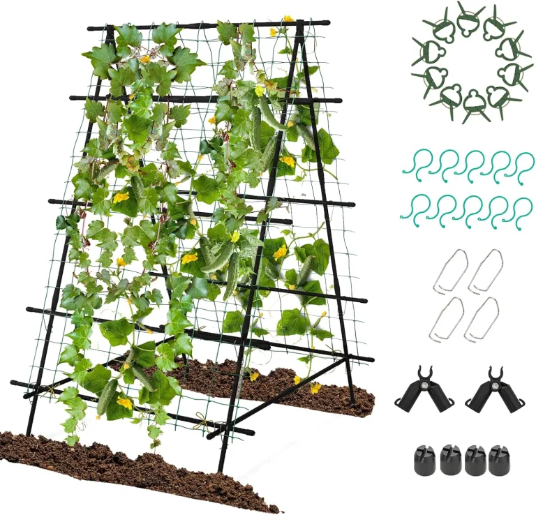 GOPLUS Gurken Rankhilfe, Rankgitter mit verstellbarer A-Form & Würfel-Form, Pflanzenspalier Metall mit Ranknetz & Clips, Gartenspalier Gurkenspalier Pflanzenstütze für Kletterpflanzen, Tomaten & Rosen – Bild 1