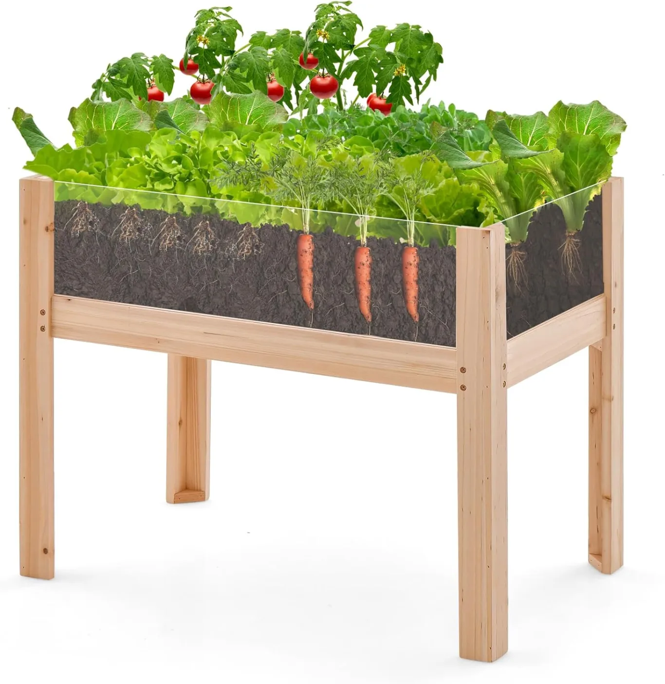COSTWAY Hochbeet aus Holz, 130L, erhöhtes Pflanzbeet mit Ablauflöchern & transparenten Acrylplatten, Kräuterbeet rechteckig, Gartenbeet für Garten Terrasse Balkon, Pflanzkasten Natur(100x59x77cm) - Bild 1