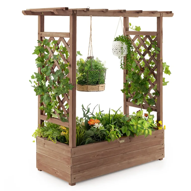 COSTWAY Blumenkasten mit Rankgitter & hängendem Dach, Pflanzkasten mit Rankhilfe, Hochbeet für Kletterpflanzen & hängende Körbe, für Hof Garten Terrasse, Pflanzkübel Holz, Orange (110x44x182cm) – Bild 10