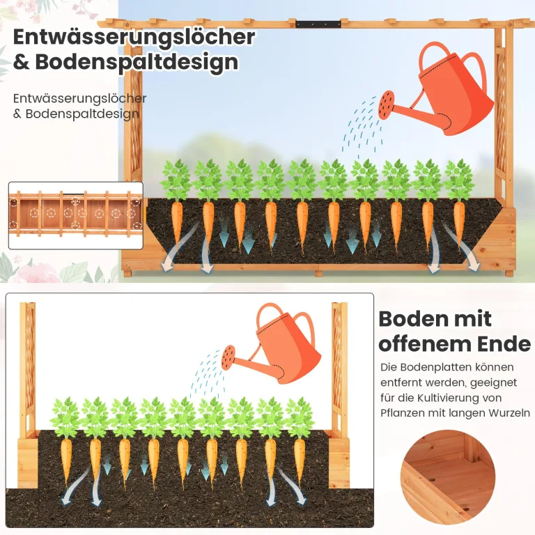 COSTWAY Blumenkasten mit Rankgitter & hängendem Dach, Pflanzkasten mit Rankhilfe, Hochbeet für Kletterpflanzen & hängende Körbe, für Hof Garten Terrasse, Pflanzkübel Holz, Orange (200x44x114cm) – Bild 5
