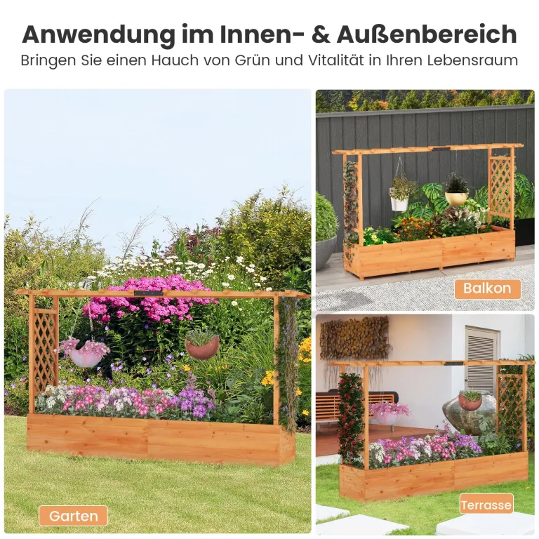 COSTWAY Blumenkasten mit Rankgitter & hängendem Dach, Pflanzkasten mit Rankhilfe, Hochbeet für Kletterpflanzen & hängende Körbe, für Hof Garten Terrasse, Pflanzkübel Holz, Orange (200x44x114cm) – Bild 7