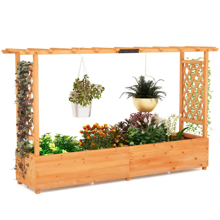 COSTWAY Blumenkasten mit Rankgitter & hängendem Dach, Pflanzkasten mit Rankhilfe, Hochbeet für Kletterpflanzen & hängende Körbe, für Hof Garten Terrasse, Pflanzkübel Holz, Orange (200x44x114cm) – Bild 1