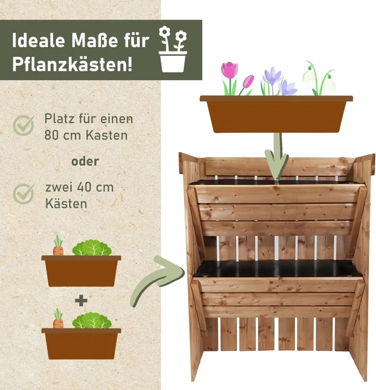 NATIV Blumentreppe, Pflanzregal mit Gartenvlies, Vertikalbeet aus Holz, Kräuterregal für Blumenkasten, Hochbeet mit 2 Etagen, Pflanztreppe als Kräuterbeet, Blumenleiter als Gemüsebeet – Bild 6