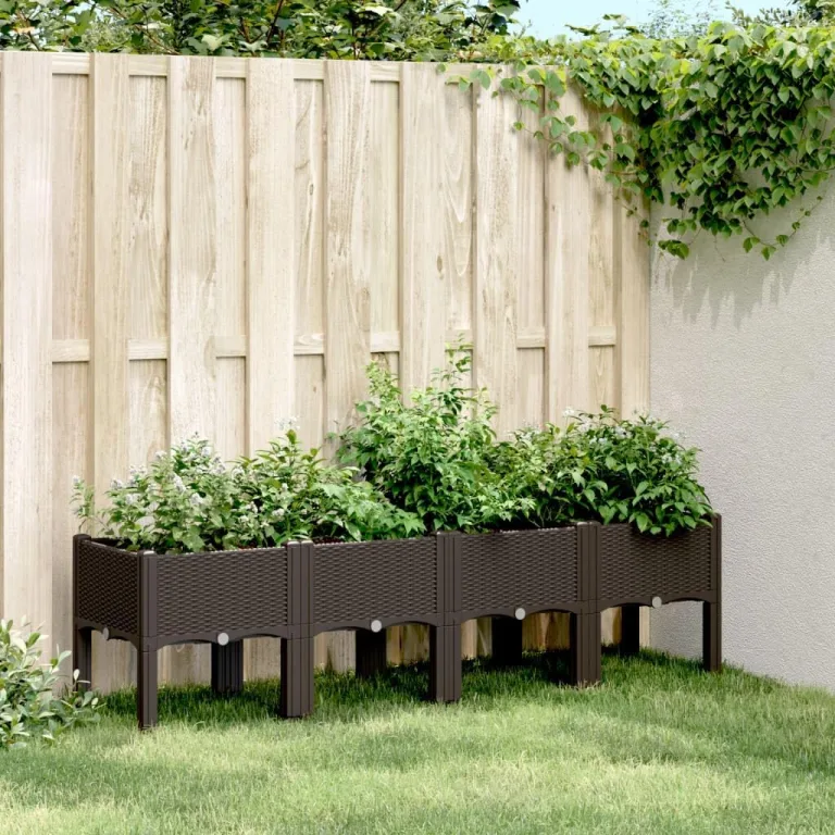 vidaXL Pflanzkasten, Blumenkübel mit Beinen Rattan-Optik, Pflanzkübel für Garten Terrasse, Blumenkasten Hochbeet Gemüsebeet, Braun 160x40x42cm PP – Bild 3