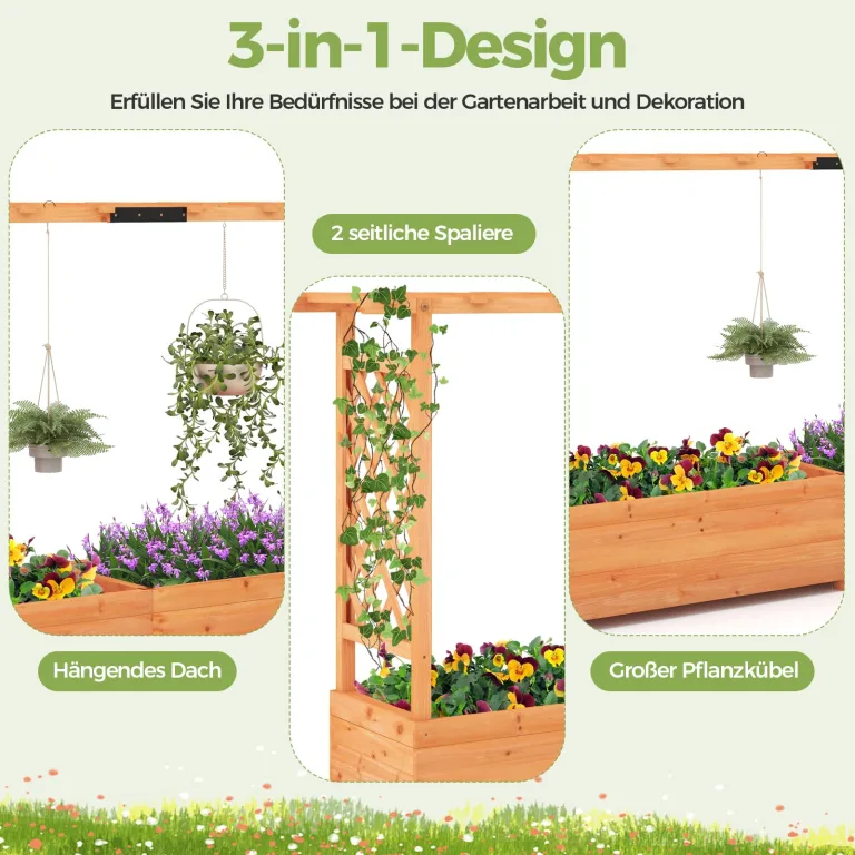 GOPLUS Hochbeet mit Rankgitter, Blumenkasten mit hängendem Dach & Ablauflöchern, Pflanzkasten Rankhilfe Pflanzkübel für Garten, Terrasse, Hof (Orange, 200 x 44 x 114 cm) – Bild 2
