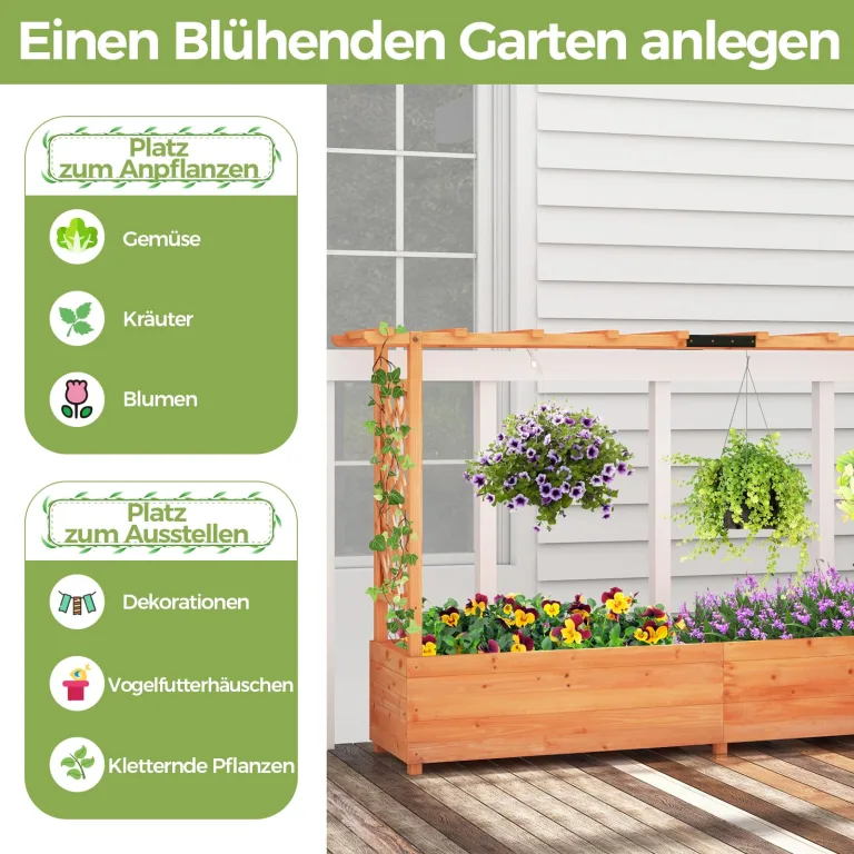GOPLUS Hochbeet mit Rankgitter, Blumenkasten mit hängendem Dach & Ablauflöchern, Pflanzkasten Rankhilfe Pflanzkübel für Garten, Terrasse, Hof (Orange, 200 x 44 x 114 cm) – Bild 3
