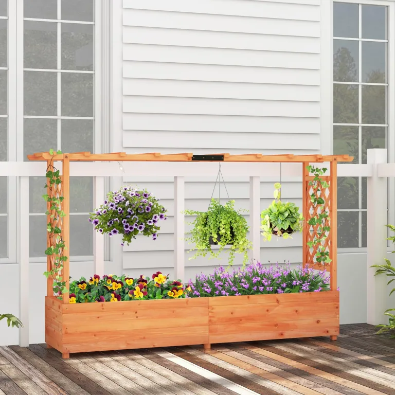 GOPLUS Hochbeet mit Rankgitter, Blumenkasten mit hängendem Dach & Ablauflöchern, Pflanzkasten Rankhilfe Pflanzkübel für Garten, Terrasse, Hof (Orange, 200 x 44 x 114 cm) – Bild 7