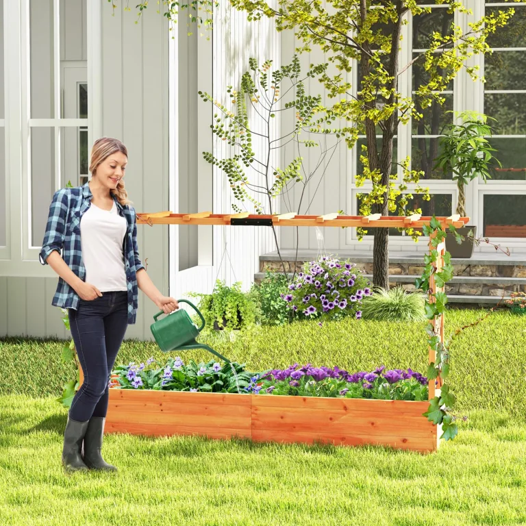 GOPLUS Hochbeet mit Rankgitter, Blumenkasten mit hängendem Dach & Ablauflöchern, Pflanzkasten Rankhilfe Pflanzkübel für Garten, Terrasse, Hof (Orange, 200 x 44 x 114 cm) – Bild 9