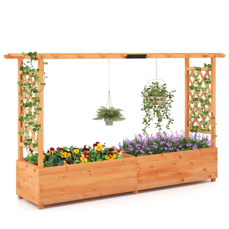 GOPLUS Hochbeet mit Rankgitter, Blumenkasten mit hängendem Dach & Ablauflöchern, Pflanzkasten Rankhilfe Pflanzkübel für Garten, Terrasse, Hof (Orange, 200 x 44 x 114 cm) – Bild 1