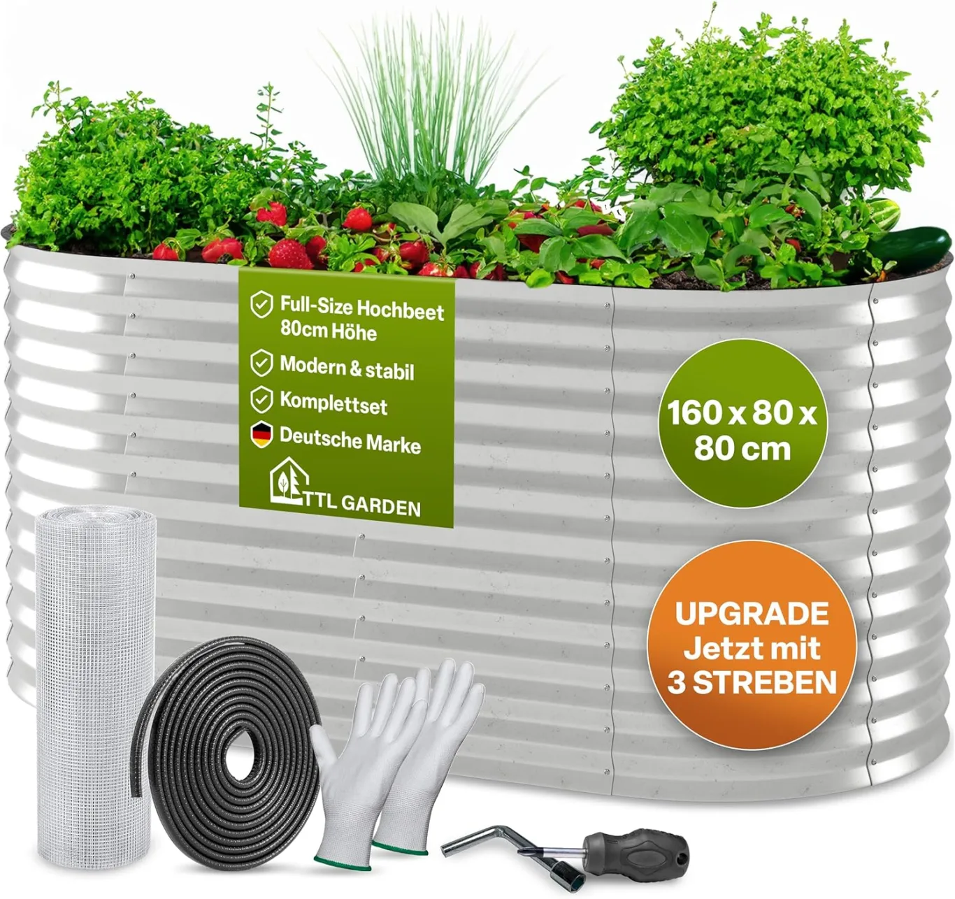 TTL GARDEN 160x80x80cm Spirit M Metall Hochbeet Silber - Stahl rostfrei verzinkt Wellblech ovale Form groß sehr stabil & wetterfest Garten Beet für Gemüse Kräuter Blumen Gartenbeet Gemüsebeet - Bild 1