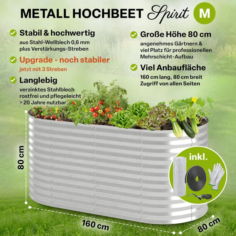 TTL GARDEN 160x80x80cm Spirit M Metall Hochbeet Silber - Stahl rostfrei verzinkt Wellblech ovale Form groß sehr stabil & wetterfest Garten Beet für Gemüse Kräuter Blumen Gartenbeet Gemüsebeet – Bild 2